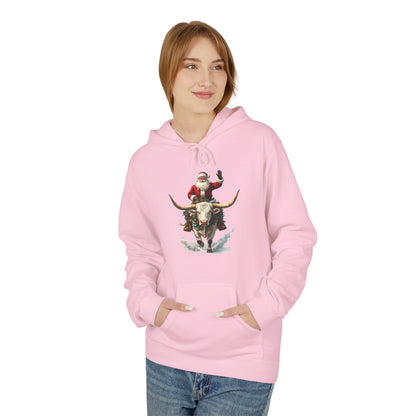 Santa Riding Bull Fleece Hoodie for Holiday Cheer