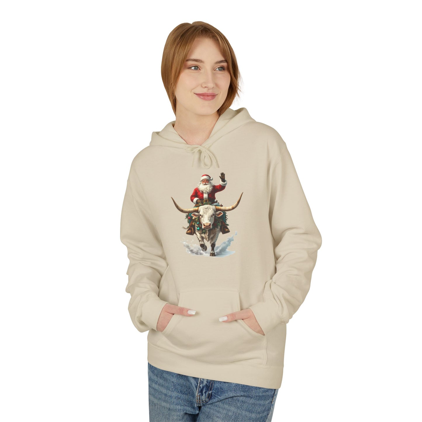 Santa Riding Bull Fleece Hoodie for Holiday Cheer
