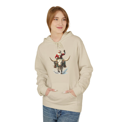 Santa Riding Bull Fleece Hoodie for Holiday Cheer