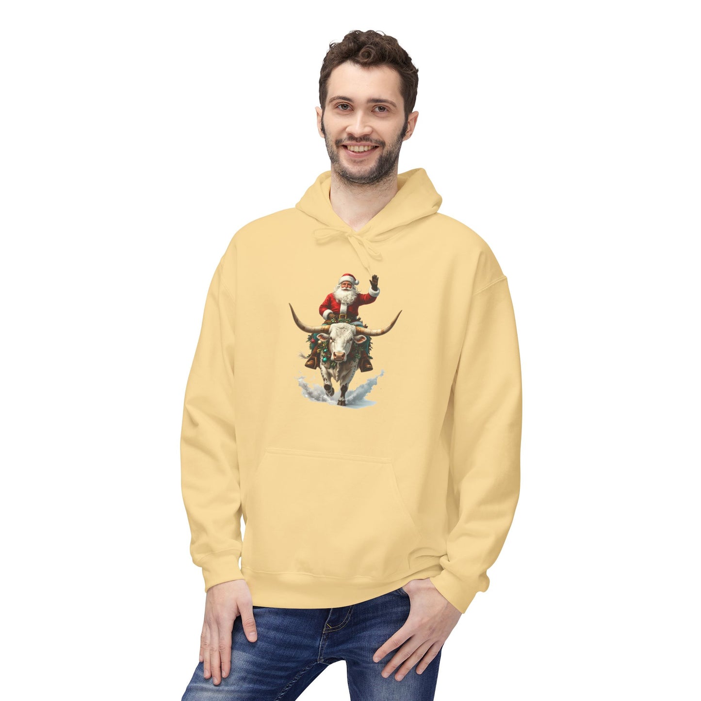 Santa Riding Bull Fleece Hoodie for Holiday Cheer