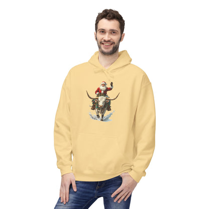 Santa Riding Bull Fleece Hoodie for Holiday Cheer