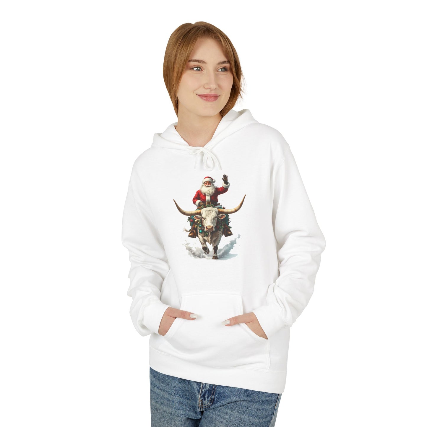 Santa Riding Bull Fleece Hoodie for Holiday Cheer