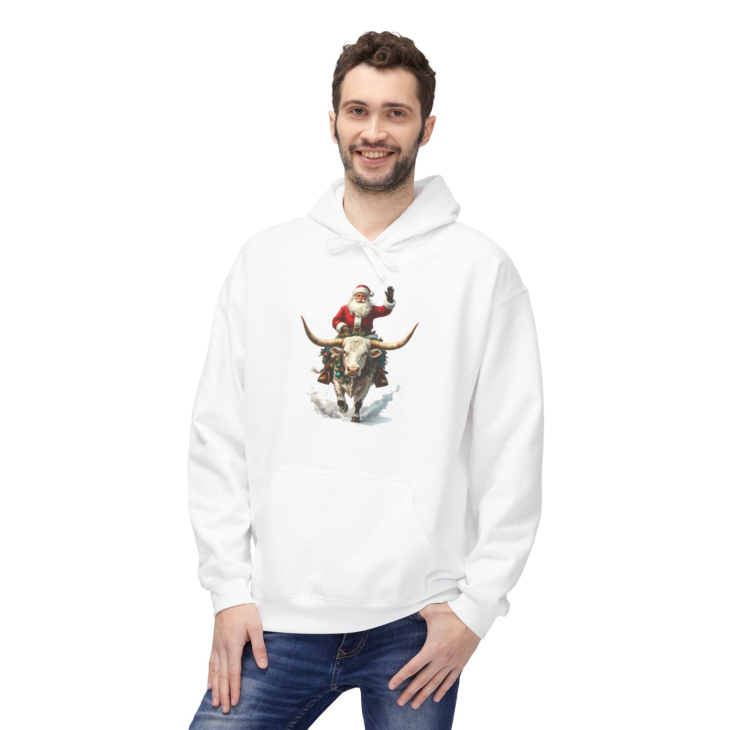 Santa Riding Bull Fleece Hoodie for Holiday Cheer