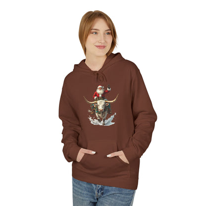 Santa Riding Bull Fleece Hoodie for Holiday Cheer