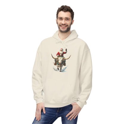 Santa Riding Bull Fleece Hoodie for Holiday Cheer