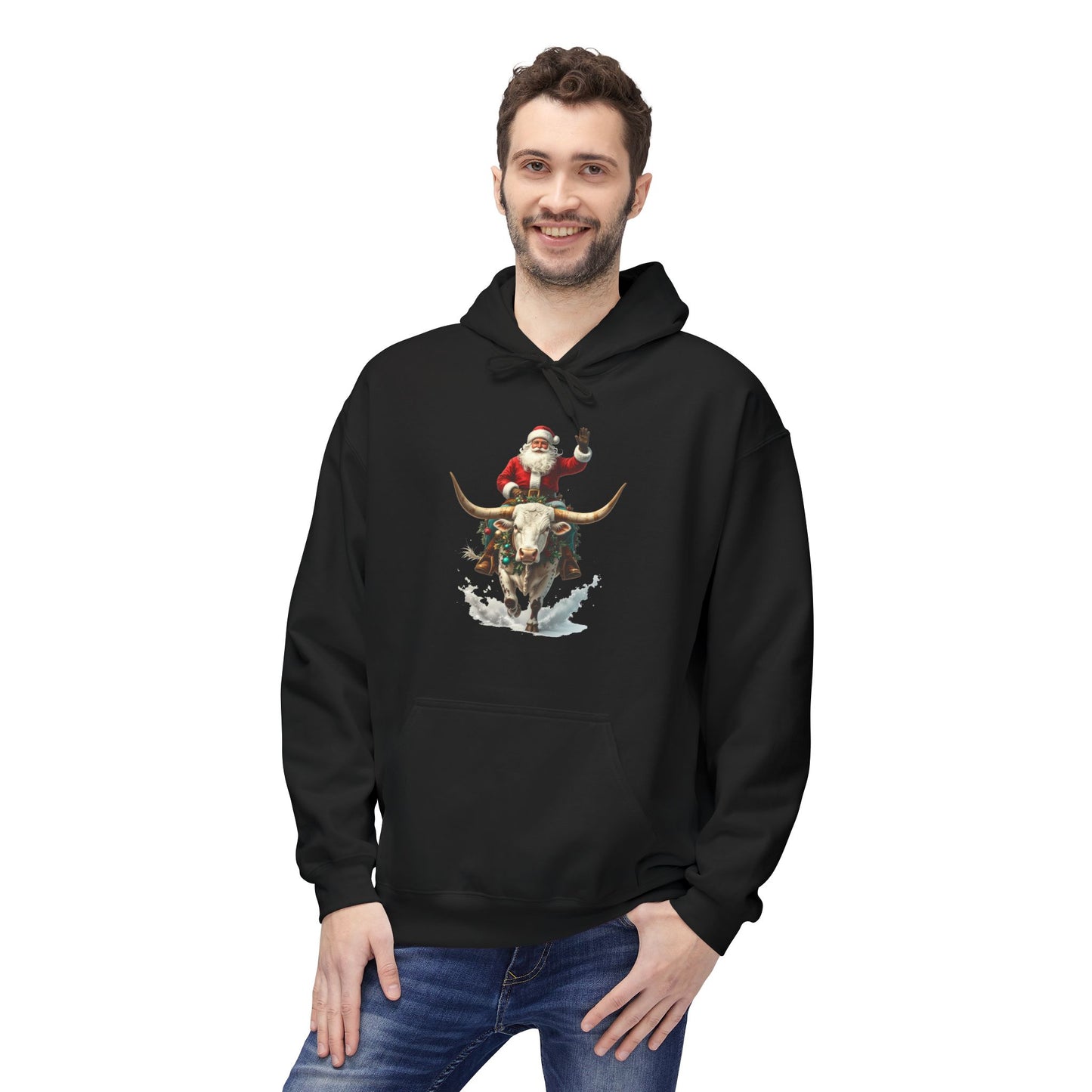 Santa Riding Bull Fleece Hoodie for Holiday Cheer