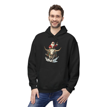 Santa Riding Bull Fleece Hoodie for Holiday Cheer