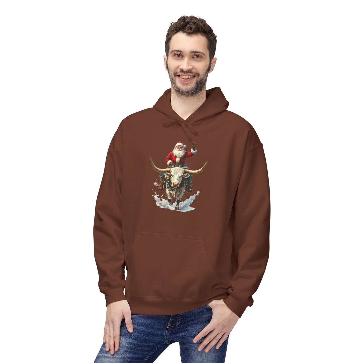 Santa Riding Bull Fleece Hoodie for Holiday Cheer