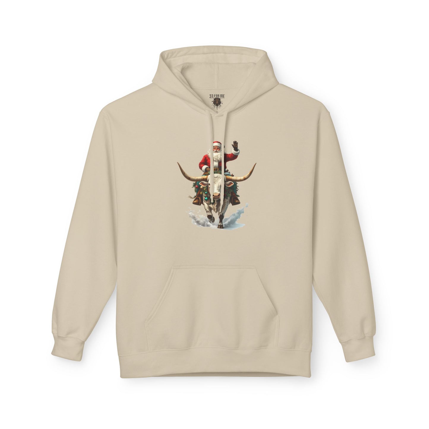 Santa Riding Bull Fleece Hoodie for Holiday Cheer