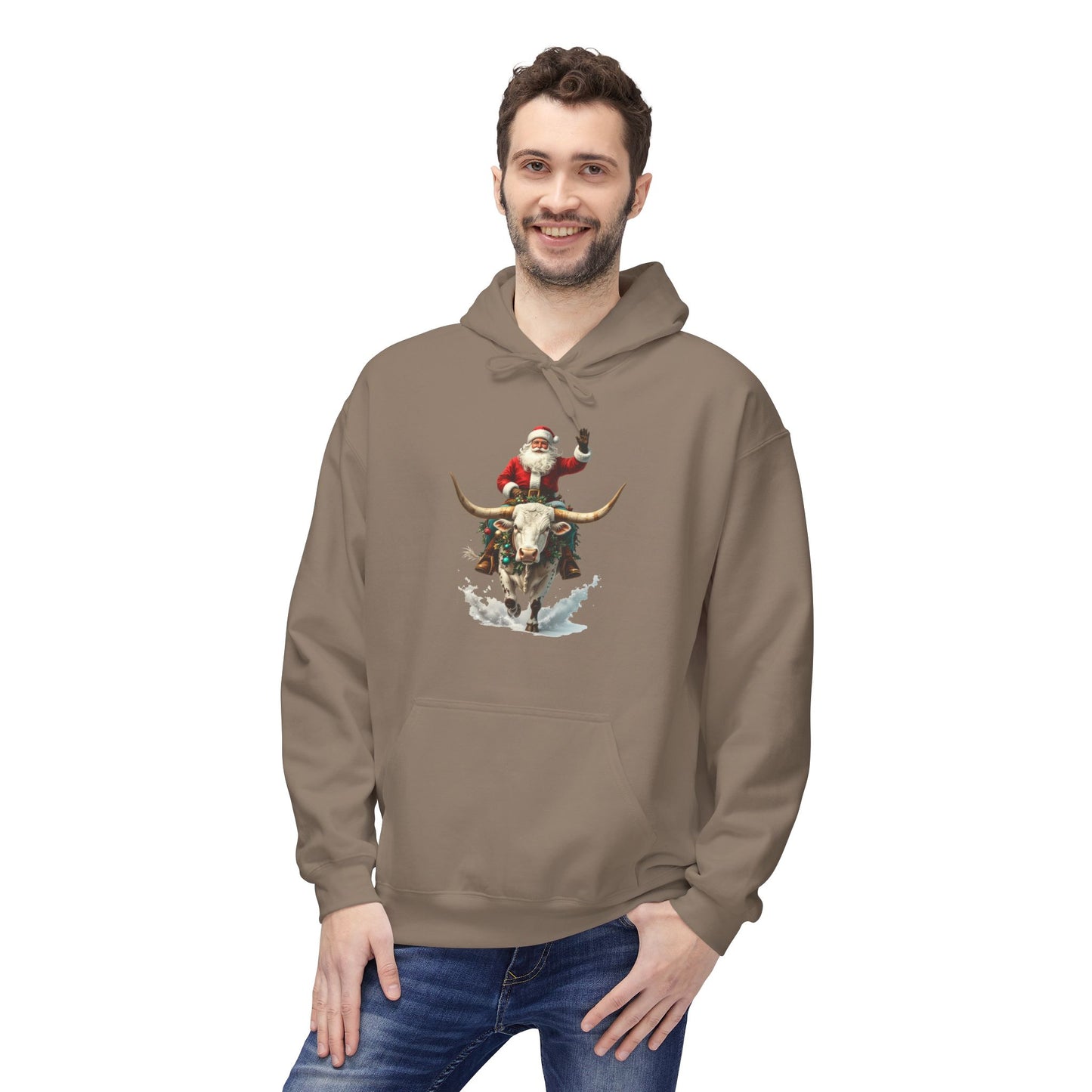 Santa Riding Bull Fleece Hoodie for Holiday Cheer
