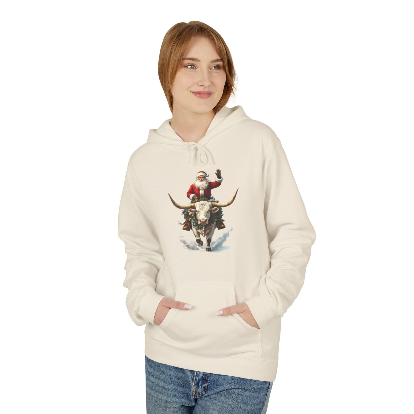Santa Riding Bull Fleece Hoodie for Holiday Cheer