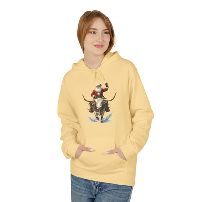Santa Riding Bull Fleece Hoodie for Holiday Cheer