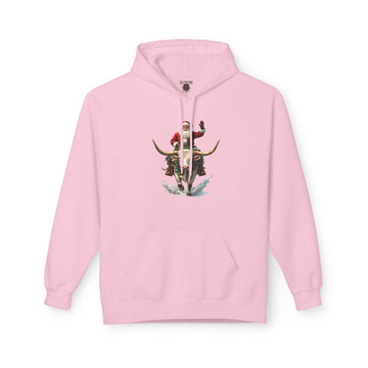 Santa Riding Bull Fleece Hoodie for Holiday Cheer