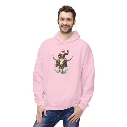 Santa Riding Bull Fleece Hoodie for Holiday Cheer