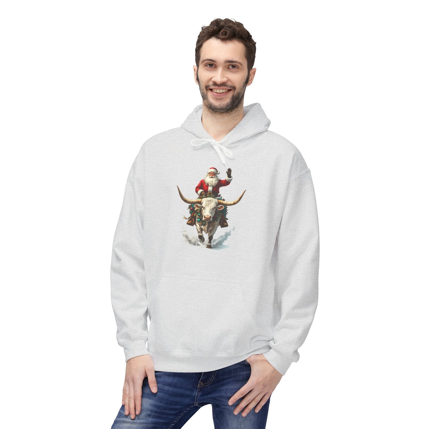 Santa Riding Bull Fleece Hoodie for Holiday Cheer