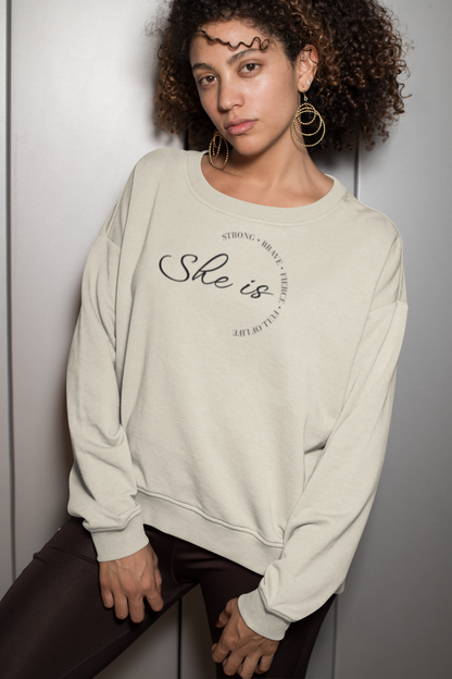 Motivational Unisex Crew Neck Sweatshirt - 'She is Strong, Brave, Worthy' - Self-Love Apparel