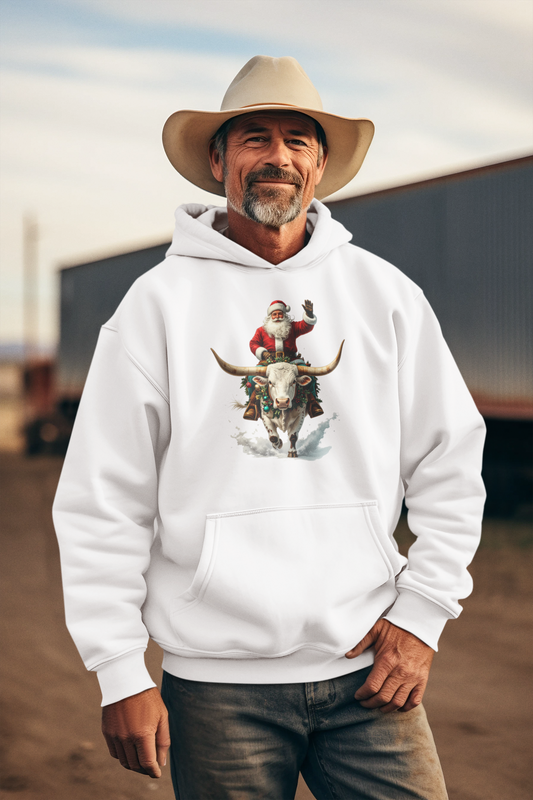 Santa Riding Bull Fleece Hoodie for Holiday Cheer