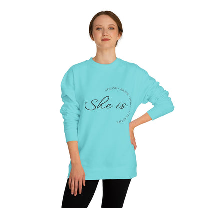 Motivational Unisex Crew Neck Sweatshirt - 'She is Strong, Brave, Worthy' - Self-Love Apparel