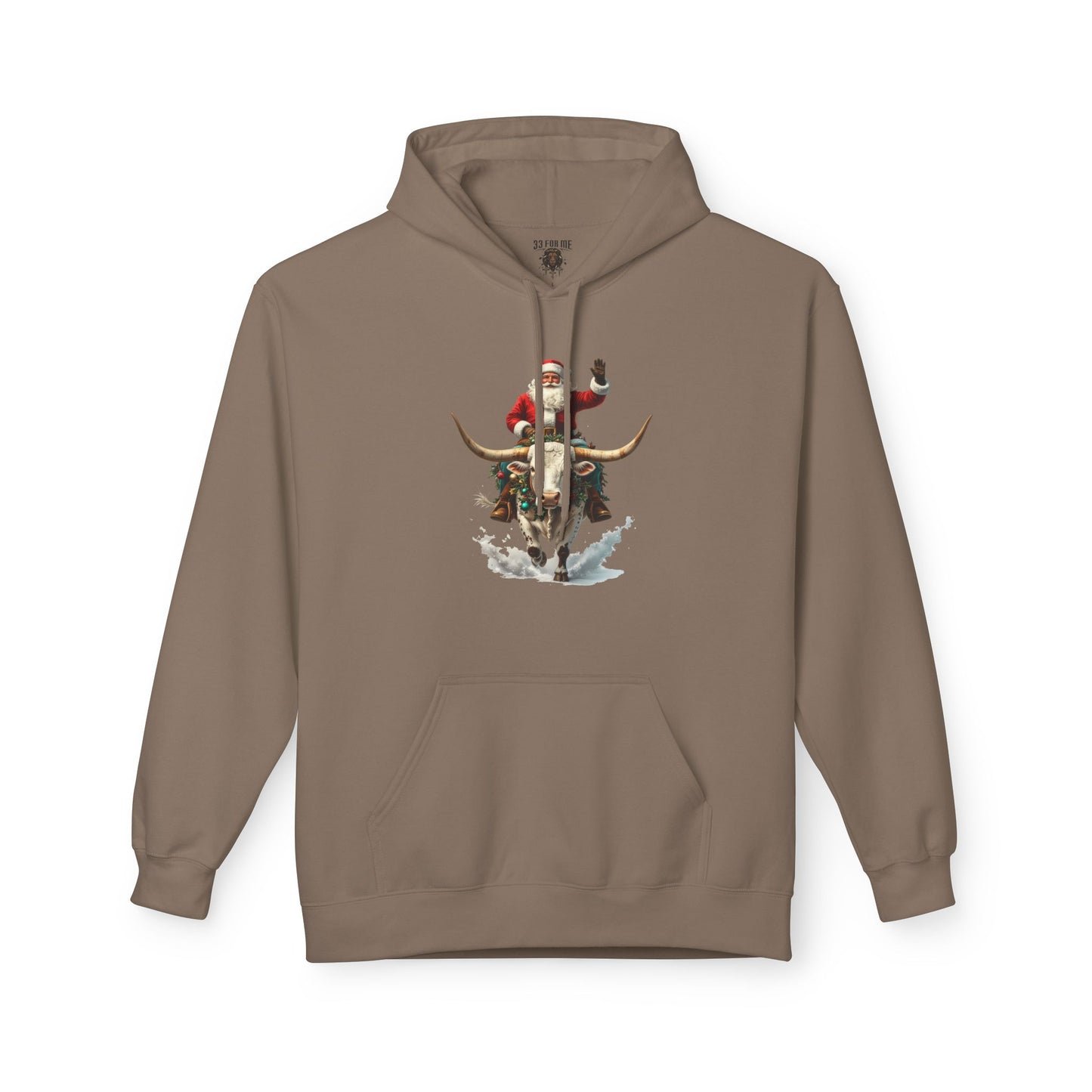 Santa Riding Bull Fleece Hoodie for Holiday Cheer