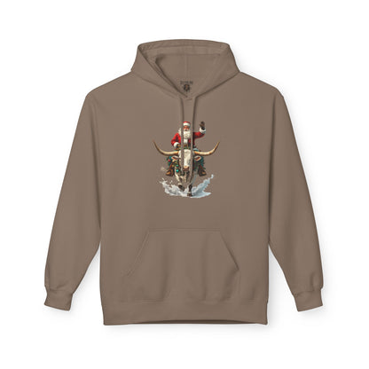 Santa Riding Bull Fleece Hoodie for Holiday Cheer