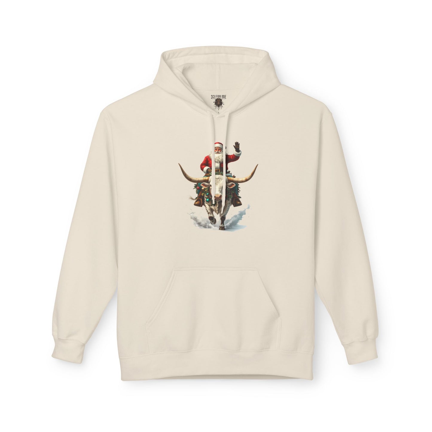 Santa Riding Bull Fleece Hoodie for Holiday Cheer
