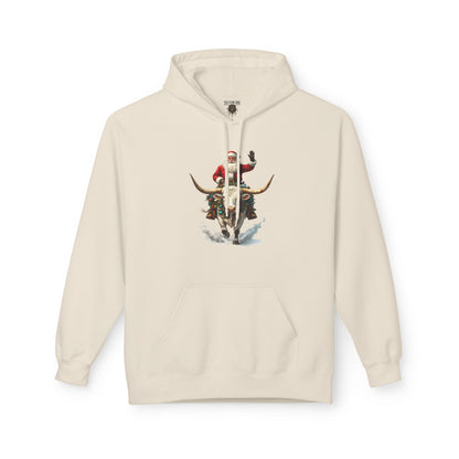Santa Riding Bull Fleece Hoodie for Holiday Cheer
