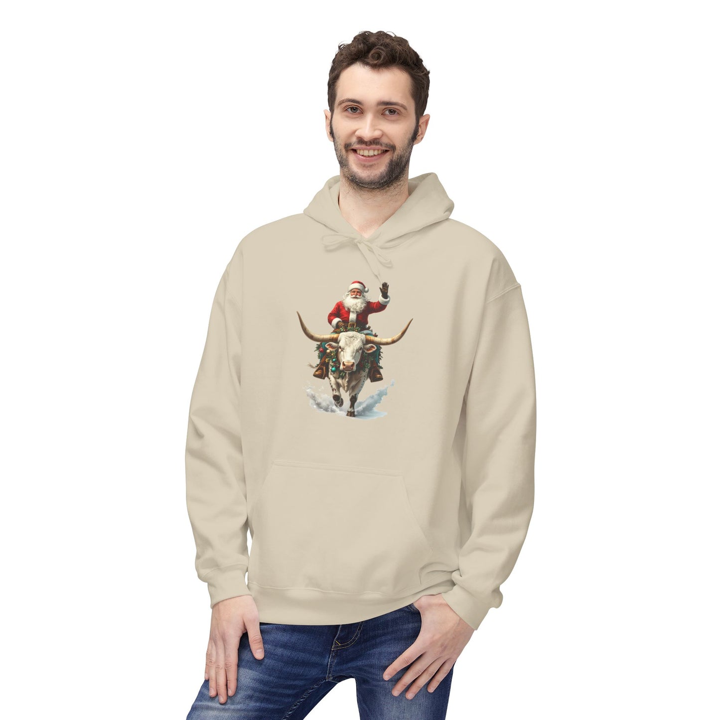 Santa Riding Bull Fleece Hoodie for Holiday Cheer