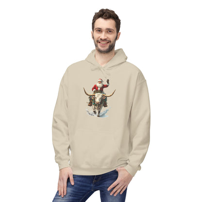 Santa Riding Bull Fleece Hoodie for Holiday Cheer