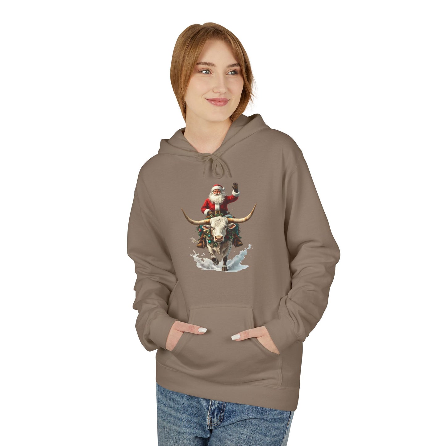 Santa Riding Bull Fleece Hoodie for Holiday Cheer