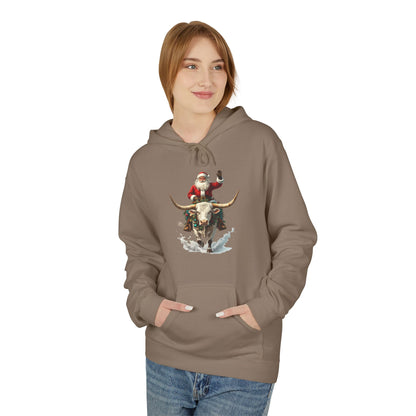 Santa Riding Bull Fleece Hoodie for Holiday Cheer