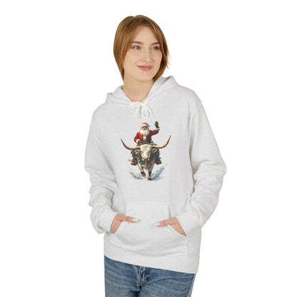 Santa Riding Bull Fleece Hoodie for Holiday Cheer