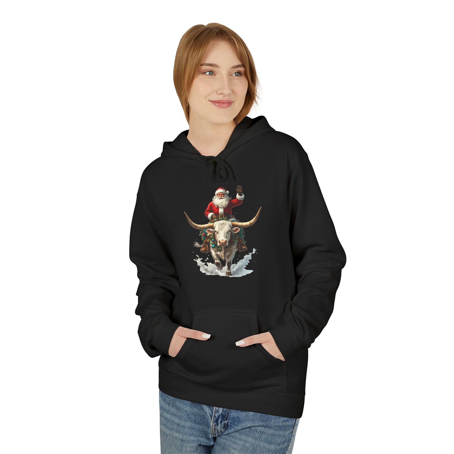 Santa Riding Bull Fleece Hoodie for Holiday Cheer