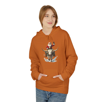 Santa Riding Bull Fleece Hoodie for Holiday Cheer
