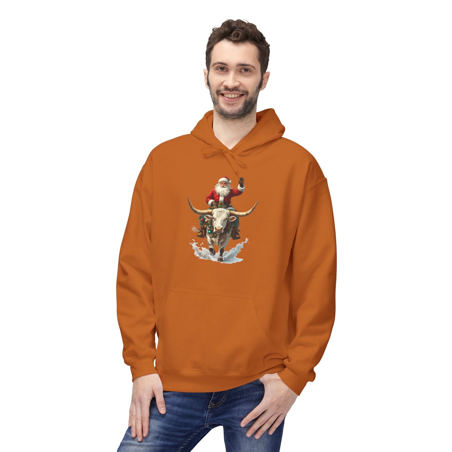 Santa Riding Bull Fleece Hoodie for Holiday Cheer