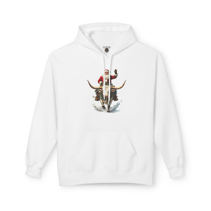 Santa Riding Bull Fleece Hoodie for Holiday Cheer